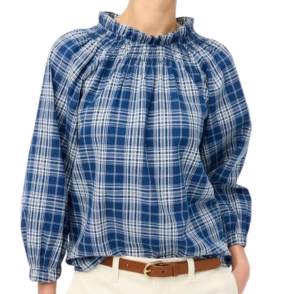 J. Crew plaid smocked ruffleneck  Blouse